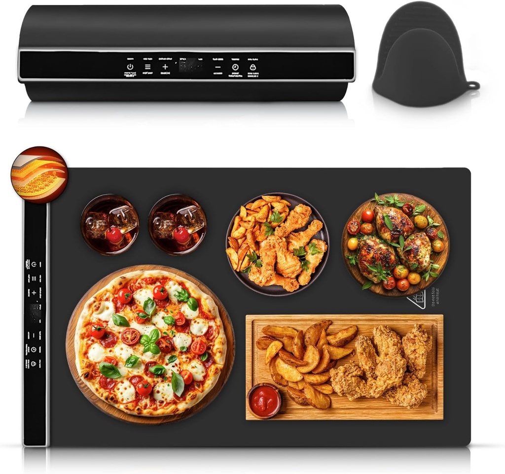 Electric Food Warming Mat for Countertop, Large 15×24 in with 6 Heat Levels (50°C–100°C), Includes Storage Bag & Gloves, Portable Silicone Heating Tray to Keep Food Warm at Party, Home, or Travel