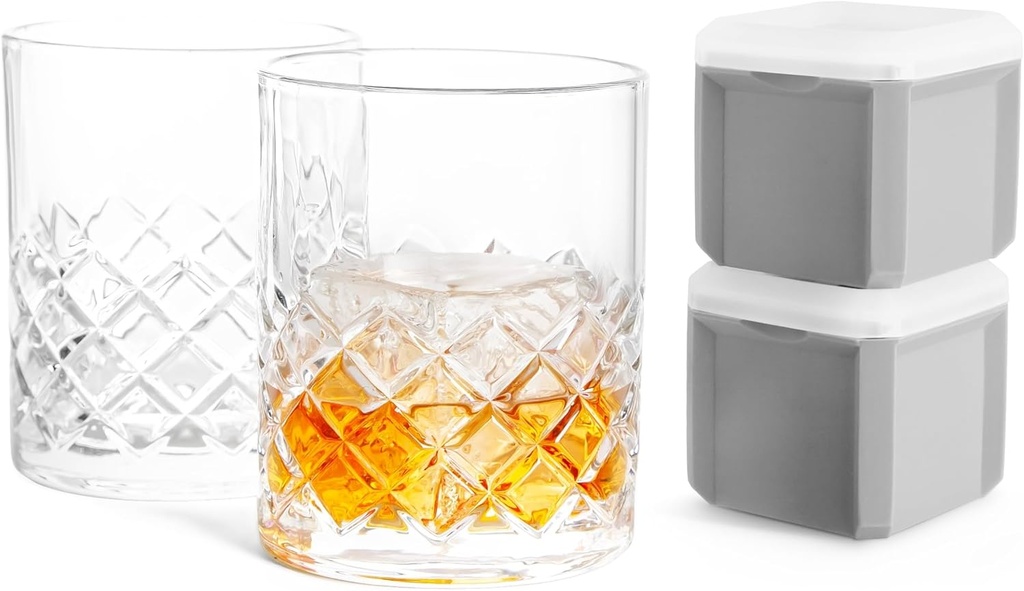 Final Touch Yarai Double Old-Fashioned Glass Set Includes 2 Lead-Free Whiskey Glasses 10oz and 2 BPA-Free Ice Cube Trays with 1¾ Inch Cubes Perfect for Whiskey Cocktails Bourbon and Spirits (GG9023)