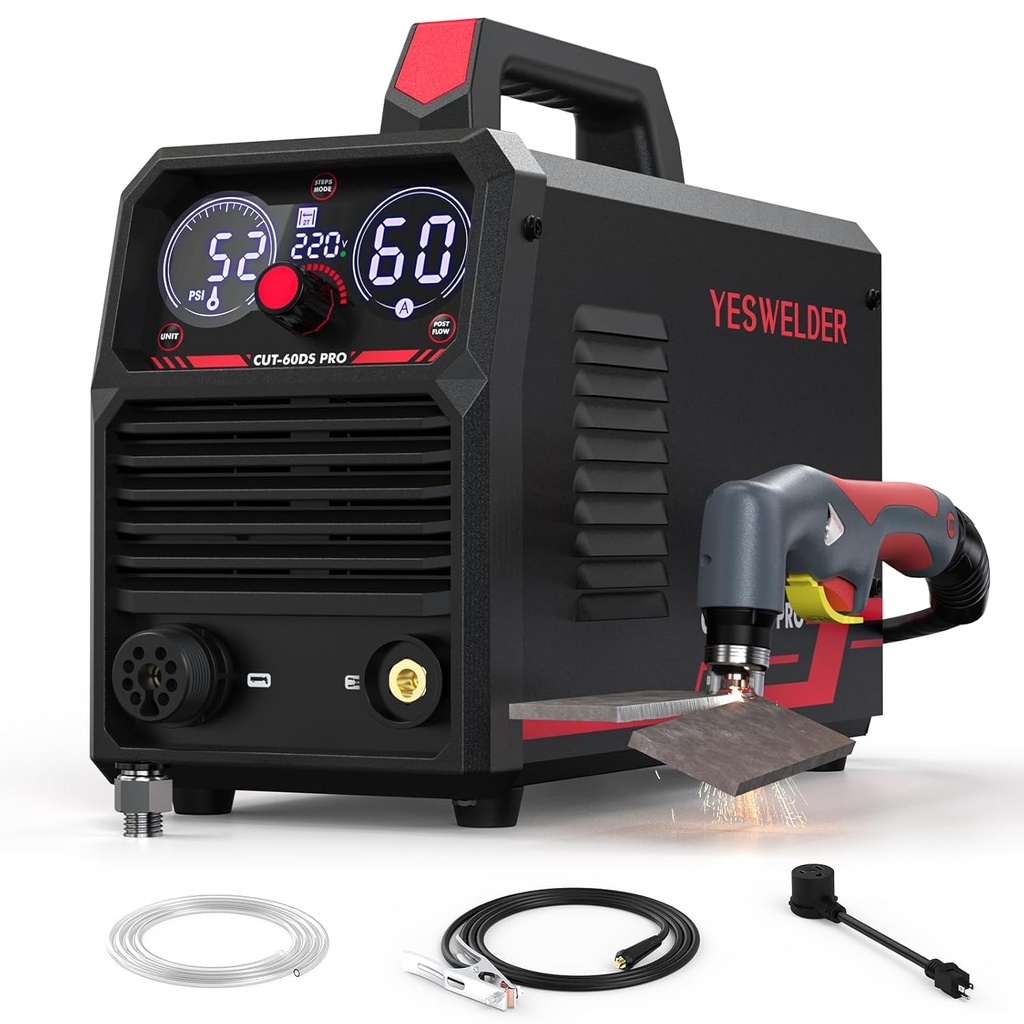 YESWELDER Plasma Cutter 60Amp Non-High Frequency Non-Touch Pilot Arc, Digital Display DC Inverter 110/220V Dual Voltage Blowback Plasma Cutting Machine CUT-60DS PRO