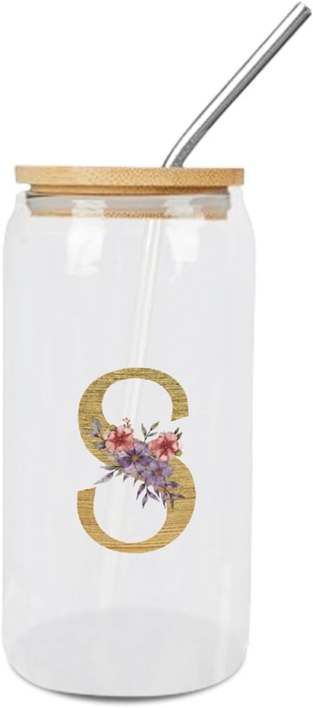 Glass Cups with Bamboo Lids And Straw 16 Oz, Golden Wood Grain Purple Floral Initial Letter S Iced Tea Glasses Drinking Glasses Set Tumbler Glass Can Coffee Cups, Drinking Glassware