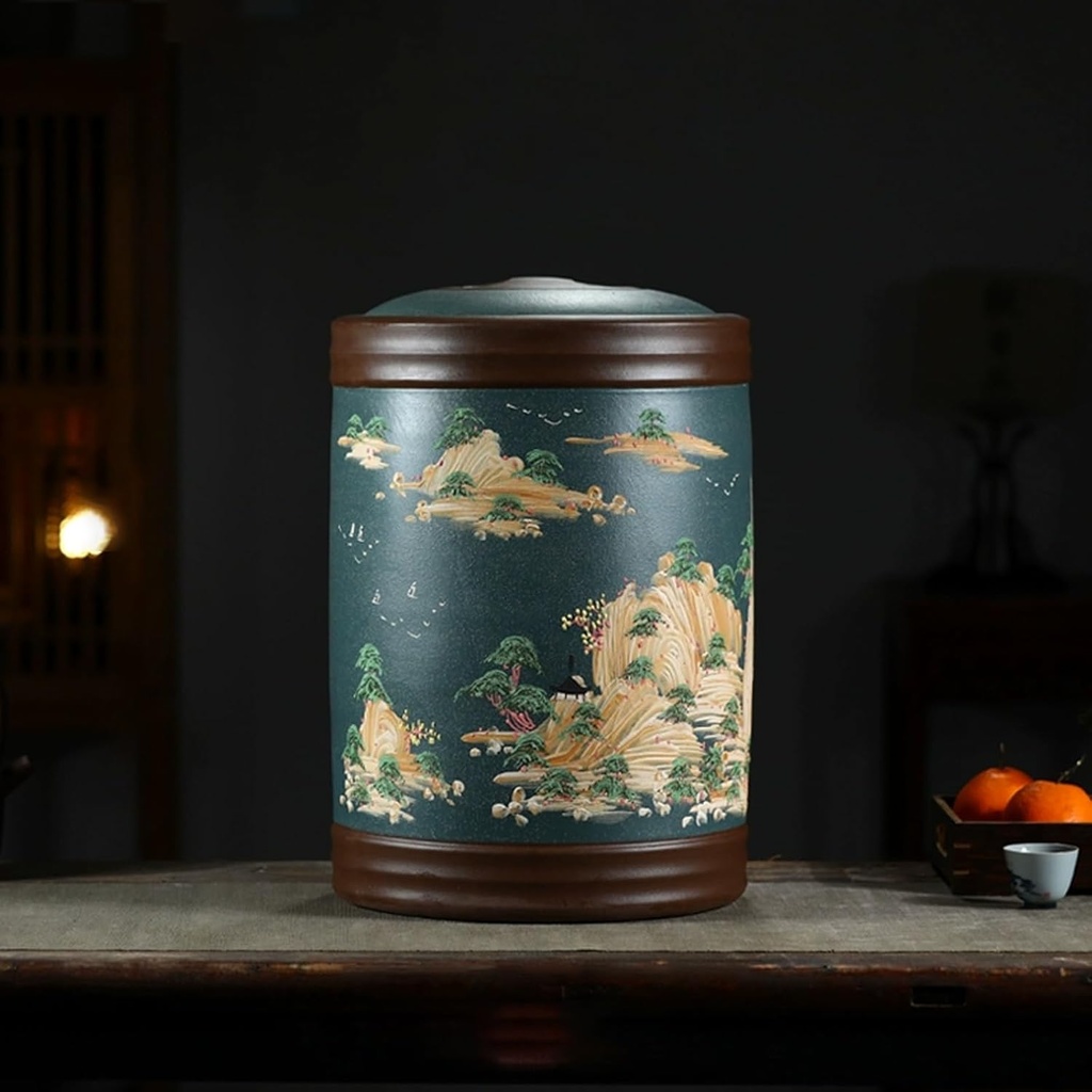 Ceramic Food Rice Jar with Lid,Chinese Style Clay Painting Rice Cylinder Containers,Food Storage Jar & Rice Bucket,Airtight Bulk Food Storage Canister,for Grains Snacks Candy Food Dispenser