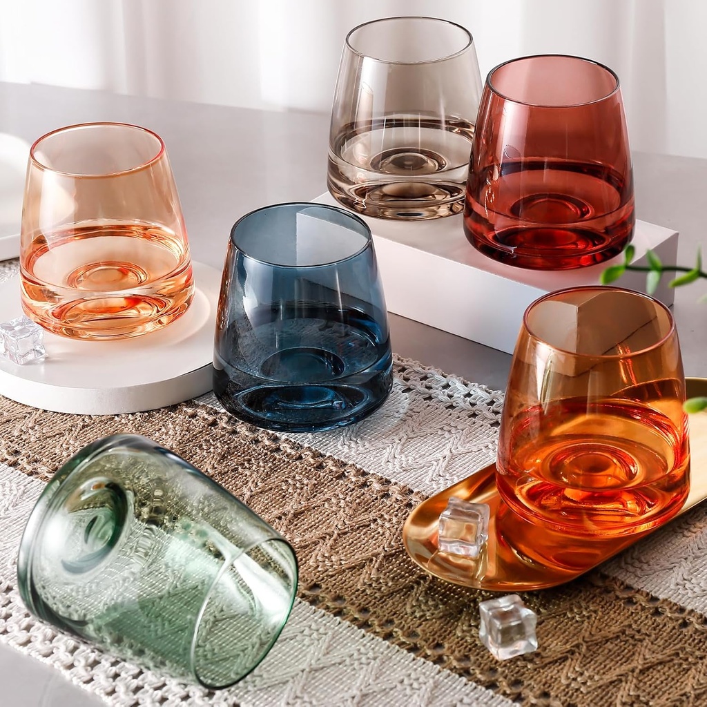 Stemless Wine Glasses Set of 6 - Hand Blown Colored Short Wine Tumblers Colorful Lead-Free Non-Fading Party Stemless Wine Glasses Set, Unique Gift for Wedding,Thanksgiving and Christmas Gifts
