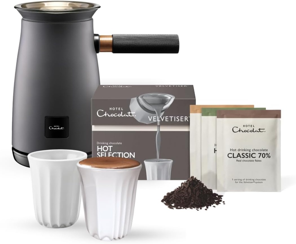 Hotel Chocolat Velvetiser - In-Home Hot Chocolate Machine - Barista-Grade Hot Chocolate Maker - Charcoal Edition - 2 Ceramic Podcups & 10 Single-Serve Sachets
