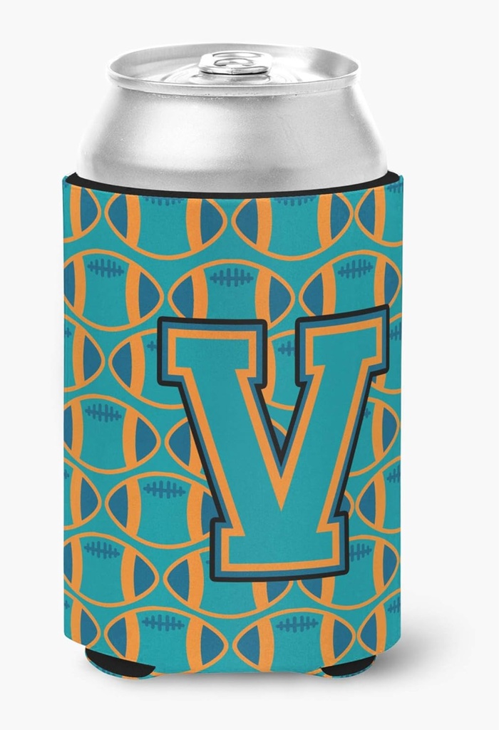 Caroline's Treasures CJ1063-VCC Letter V Football Aqua, Orange and Marine Blue Can or Bottle Hugger Cooler Washable Drink Sleeve Collapsible Beverage Insulated Holder, Can Hugger, Multicolor