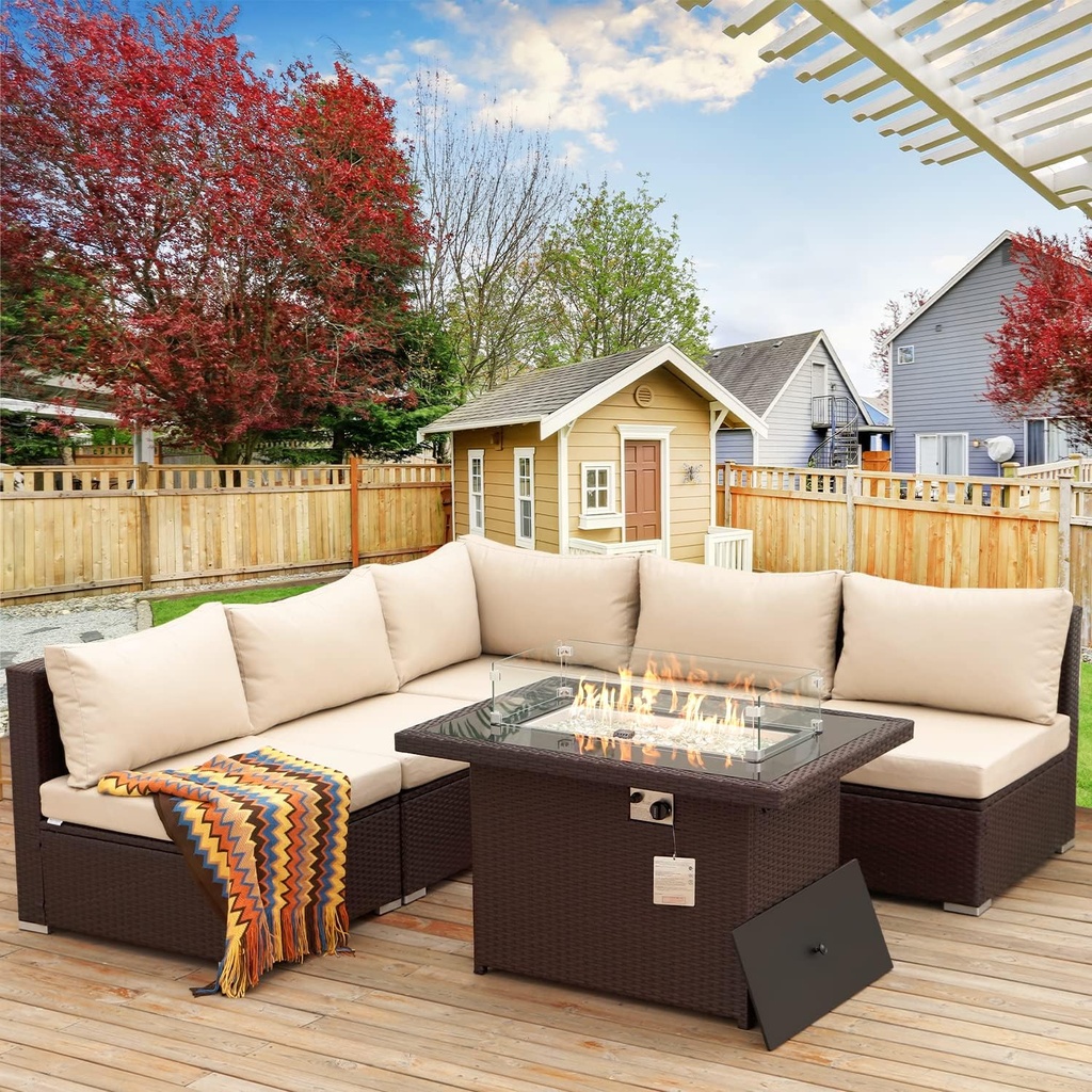 NICESOUL 6 Piece L-Shaped Outdoor Patio Furniture Set with Fire Pit, 29.3" High-Back Sectional Couch with Propane/Natural Gas Firepit Table, All-Weather Comfy Wide Deep Seats Brown Rattan Modular Sofa