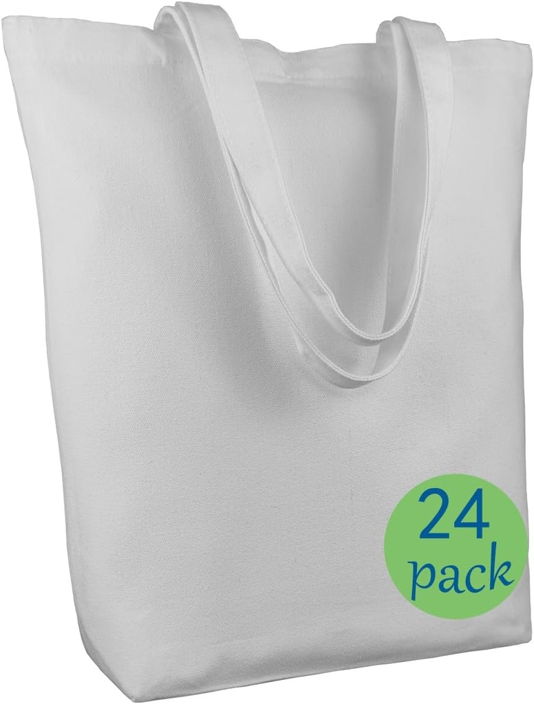 Economical Cotton12/24 pack White Canvas Tote Bags Bulk for Shopping, Crafts & DIY (Embroidery/Heat Transfer Ready)