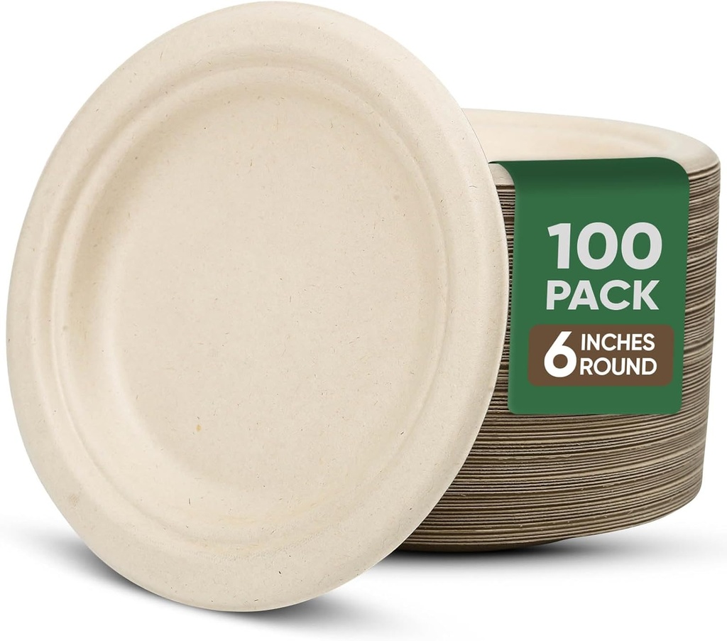 Paper Plates 6 Inches, 100 Pack Disposable Plates – 100% Compostable Plates, Water & Oil Proof Dessert Plates, Microwavable Small Paper Plates, Perfect Paper Plate For Party - Brown
