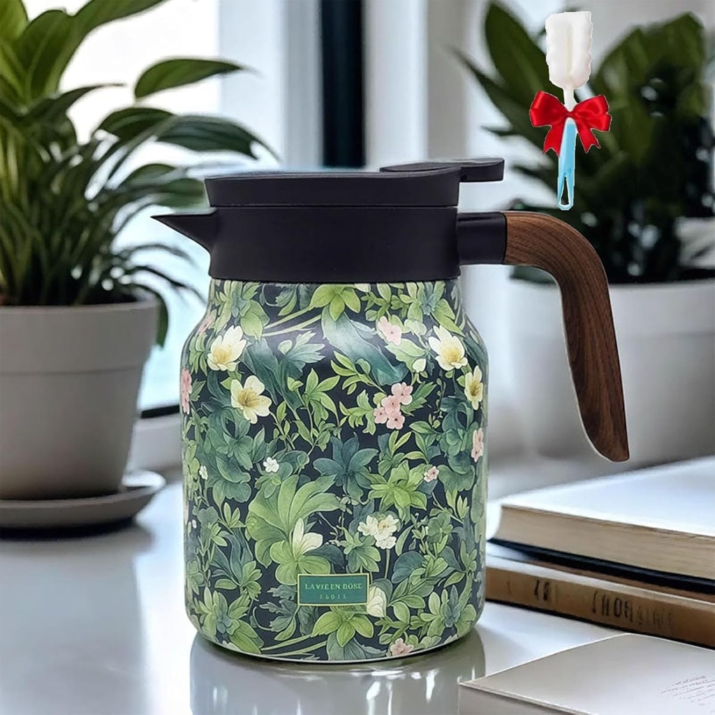 Vintage Floral Pattern Tea Built-In Infuser, 28 Oz/35 Oz Stainless Steel Thermal Carafe with Lid for Hot Drink for Home(Green)