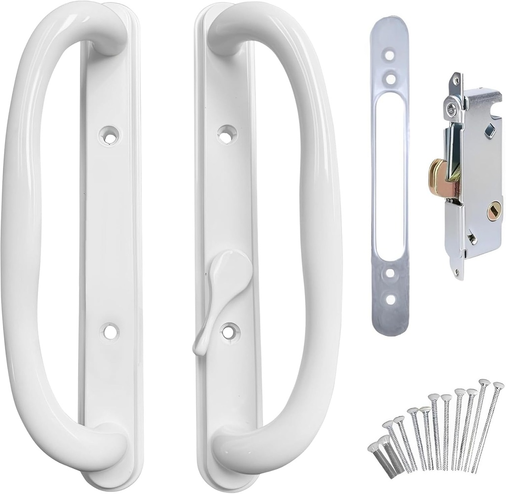 10" Olympus Sliding Patio Glass Door Offset White Pull Handle Set Replacement with Mortise Lock - fits 3 ¹⁵/₁₆ inches Hole Spacing, and 1-1/4" to 2-1/4" Door Thickness