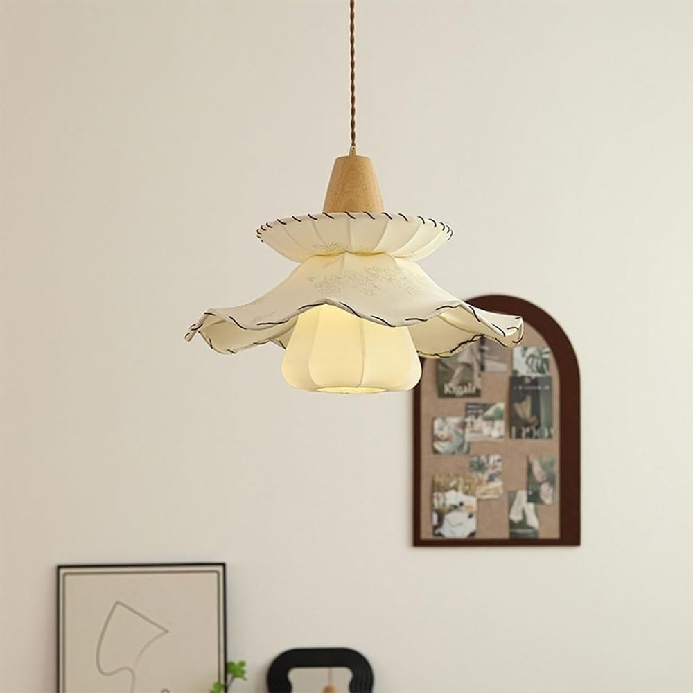 Solid Wood Lamp Body Cloth Lampshade Pendent Light Japanese Style Small Rustic Pendant Lamp with E27/26 Base Adjustable Hanging Light for Closet Kitchen Sink Bedside