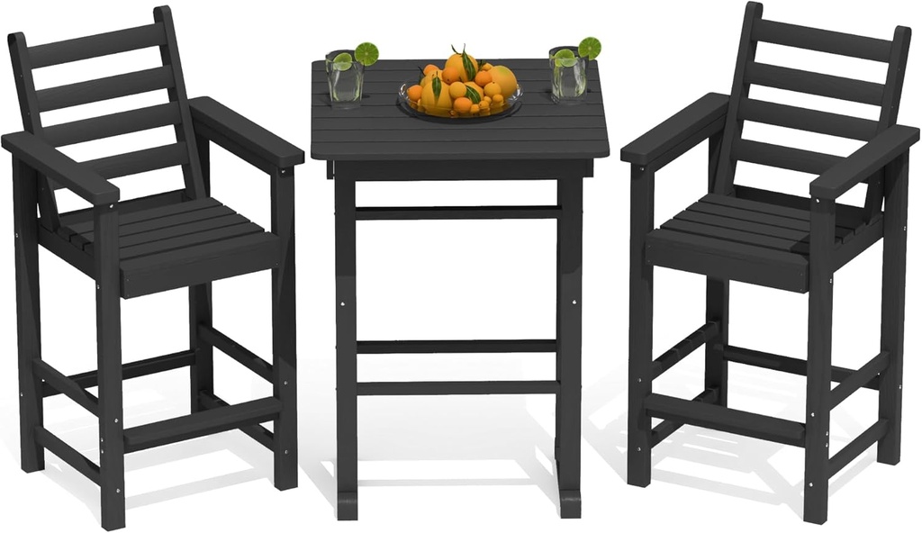 Kingdura Balcony Adirondack Chairs and Table 3 Pieces Set, Adirondack Bar Height Chairs Set of 2 with Matching Bar Table, HDPE Outdoor Bar Stools Set for Bistro, Garden, Poolside (Black)
