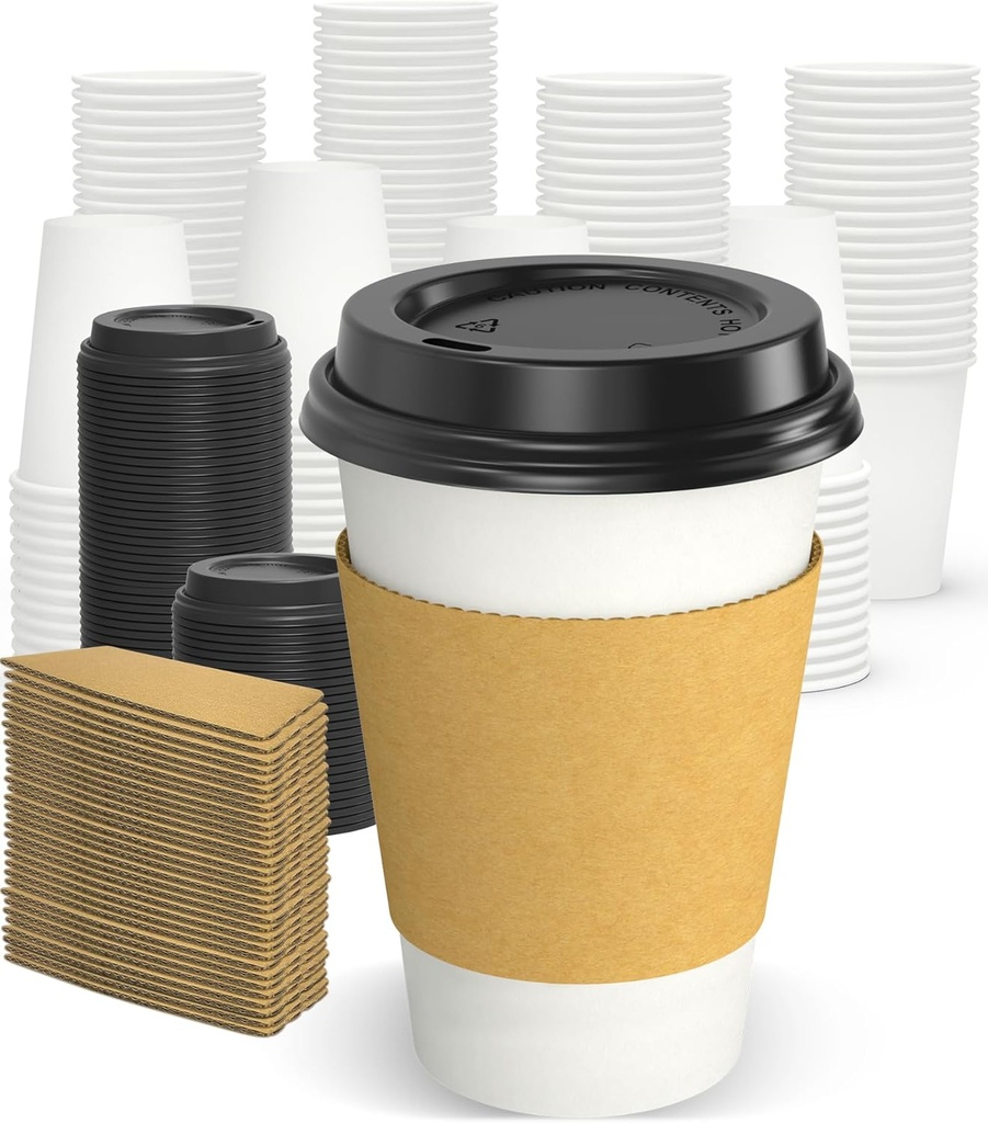 100 Pack 12 oz Disposable Coffee Cups with Lids and Sleeves, Sturdy Thick Paper & Leak-free Insulated to Go Paper Hot Coffee Cups with Sip Lids for Hot & Cold Beverage