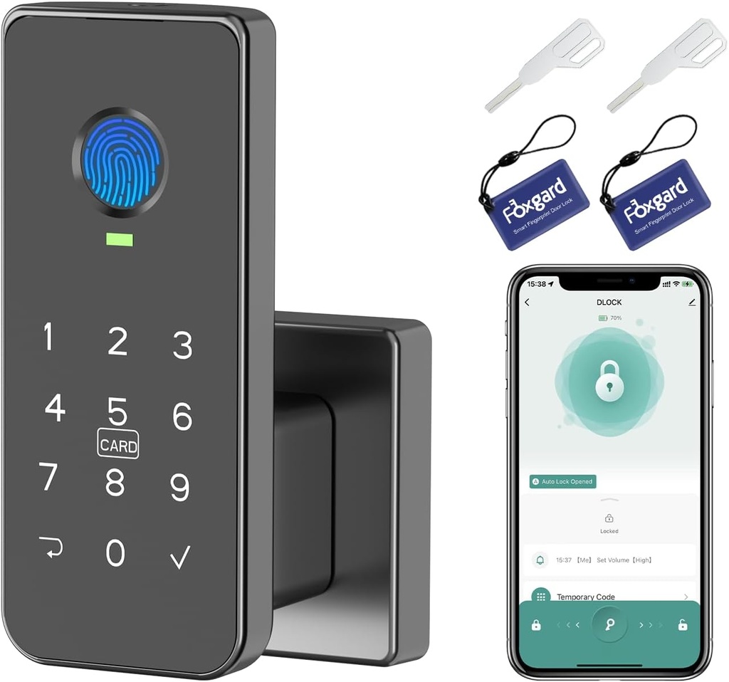 Foxgard Fingerprint Door Lock – 5-in-1 Biometric Smart Lock with Keypad, App Control, Key, Auto-Lock, Electronic Deadlock – Keyless Entry for Bedroom, Office, Indoor Use – Includes 2 IC Cards