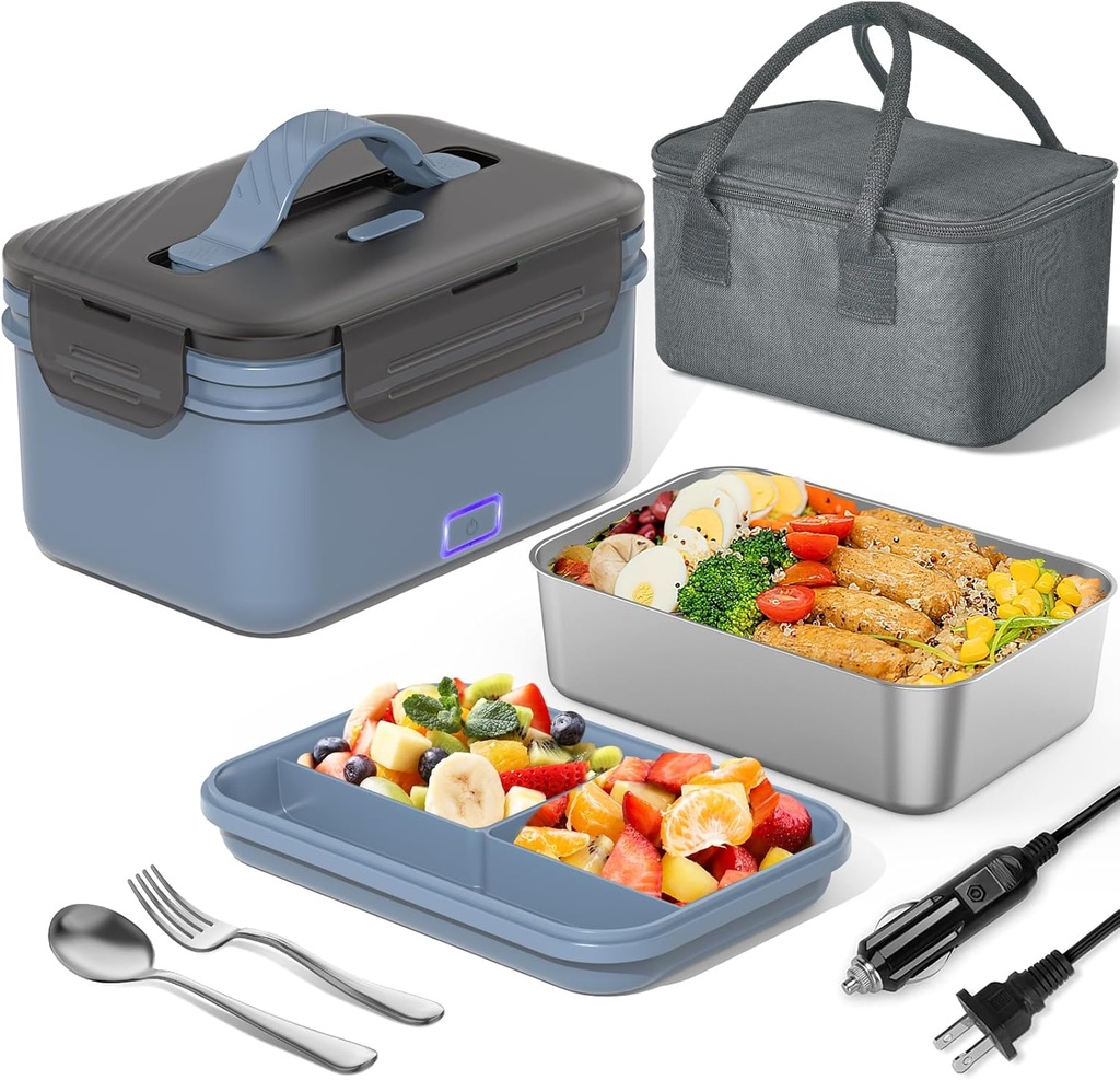 Electric Lunch Box Food Heater 100W, 4 in 1 Ultra Quick Heated Lunch Boxes for Adults 12V/24V/110V/220V Portable Food Warmer for Car/Truck/Office With Fork Spoon and Insulated Carry Bag