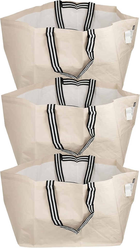 Ikea GORSNYGG Large Reusable Carrier Bag (FRAKTA-Style), Light Beige with Striped Handles, 57x37x39cm, 71L, 205.041.94 - Set of 3, Beige, Large - 71L, FRAKTA