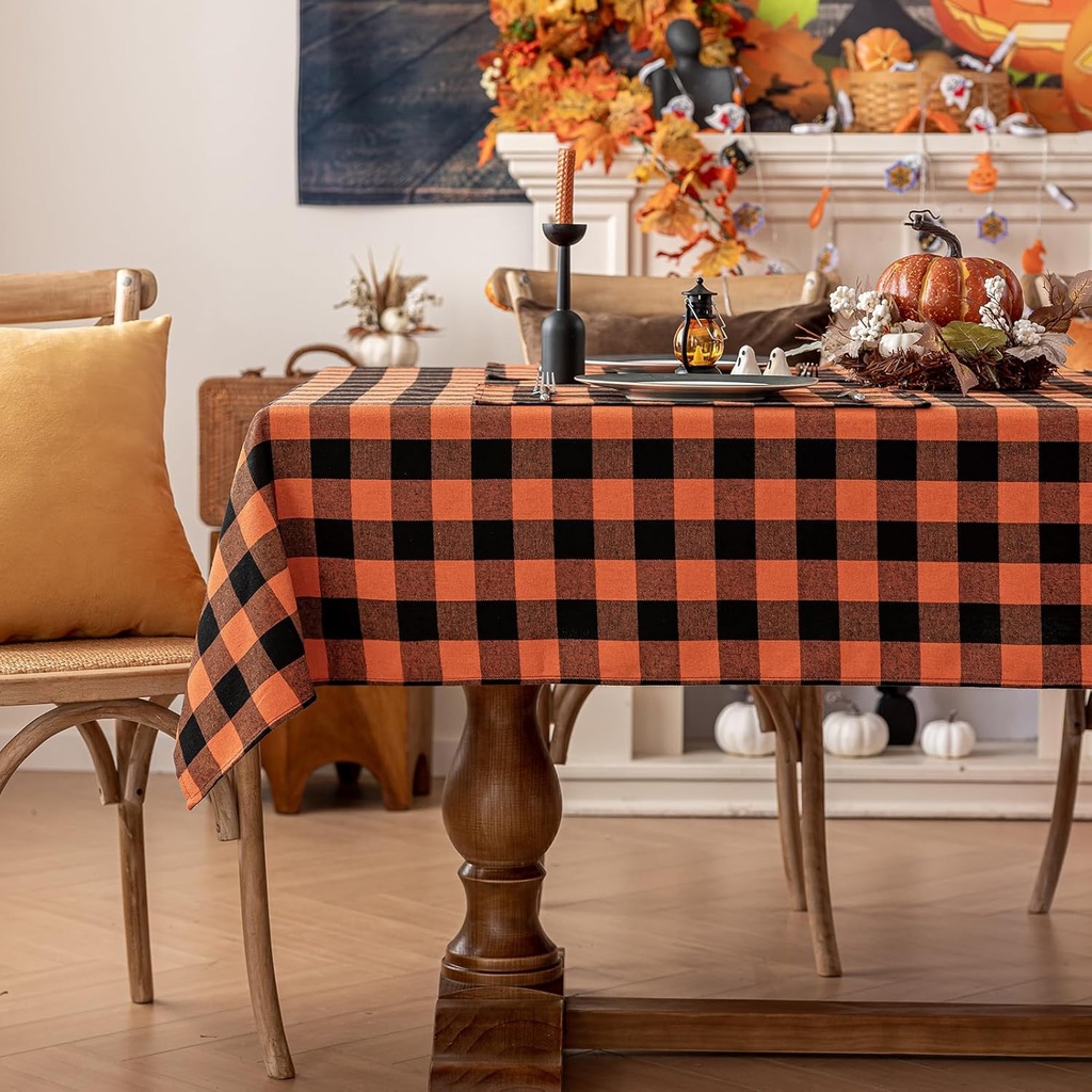Softalker Halloween Checkered Tablecloth Rectangle - Orange Buffalo Plaid Linen Cotton Gingham Fall Table Cloths, Stain Resistant Farmhouse Table Cover for Dining/Parties/Holiday Decor, 54 x 80 Inch