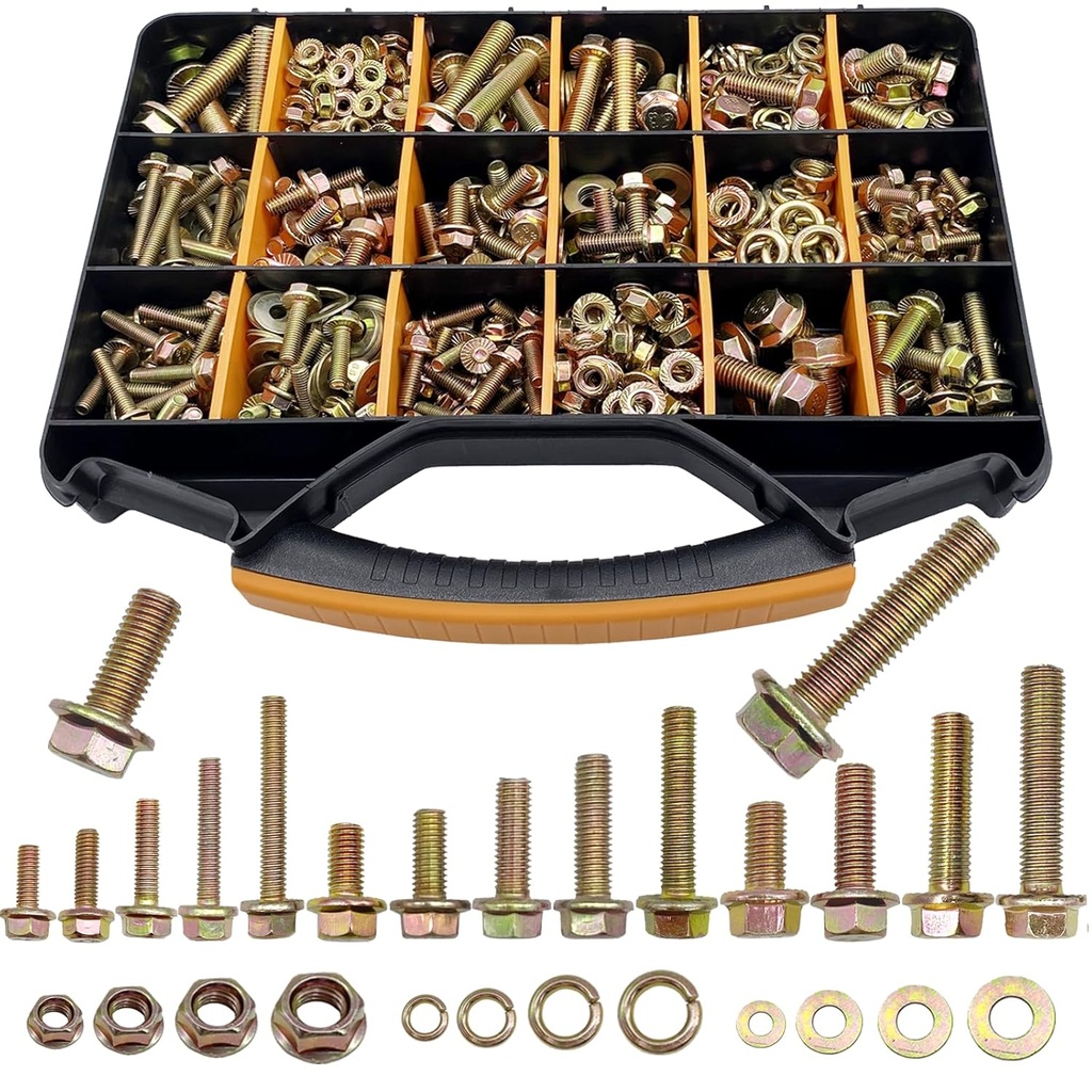 820pcs Metric Flange Bolt Assortment, Bolts and Nuts Kit, M6x1.0, M8x1.25, M10x1.5, M12x1.75(16mm to 50mm) Bolts and Nuts Assortment, Flange Hex Bolts and Nuts Washers Kit, Yellow Zinc, 16 Sizes