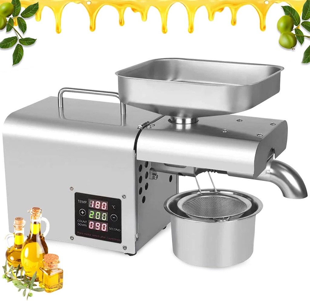 Automatic Oil Press Machine, Electric Essential Oil Extractor Stainless Steel Oil Squeezer Machine Cold/Hot Oil Press for Commercial Home Use Rapeseed Walnuts Olive 150W