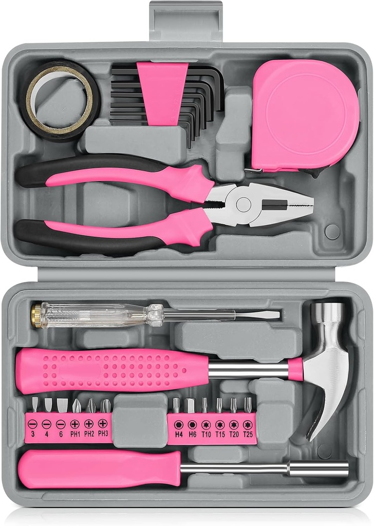 24 Piece Small Tool Kit for Men and Women, Mini Hand Tool Set with Storage Box for Home, DIY, Office, Garage(Pink)