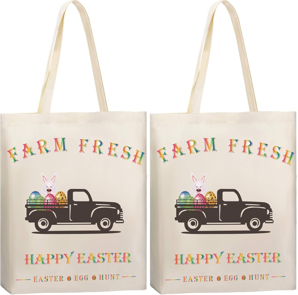 Weewooday 2 Pieces Easter Tote Bags Rabbit Egg Sacks Bag Reusable Canvas Tote Shoulder Shopping Handbag for Party Grocery Shopping Market(Easter Egg Hunt)