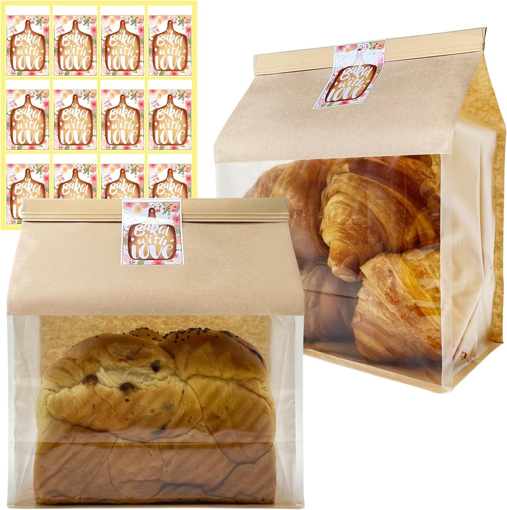 BIUBIU 50ct 8.7×4.3×11inch Thicker Large Bread Bags for Homemade with Window, Twist Tie & Sticker Label - Ideal for Sourdough Bread, Loaf, Bakery, Pastry & Baked Goods, Brown Paper with Flat Bottom
