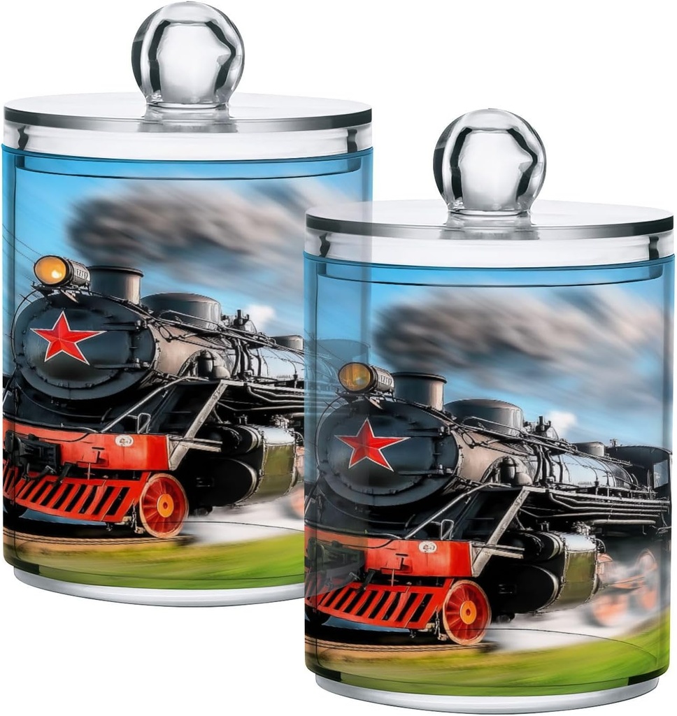 Acrylic Plastic Clear Jar with Lid, Red Star Old Train Airtight Storage Jar 2 Pack Kitchen Storage Containers for Cookie Snack Candy