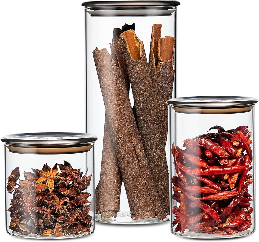 LUXU Glass Storage Jars,20 OZ/33 OZ/54 OZ Clear Glass Canisters Set of 3,Airtight Glass Storage Jar with Stainless Steel Lid,Stackable Transparent Storage Container,for Flour,Coffee,Cookie and More