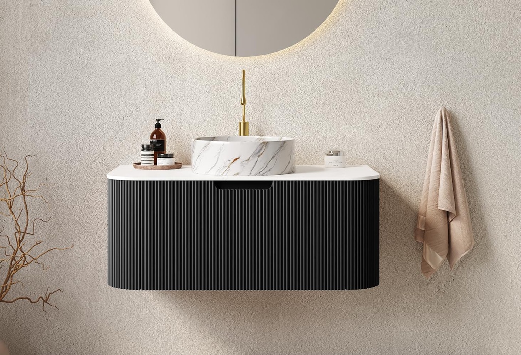 36" Floating Bathroom Vanity with Single Sink, Modern Wall-Mounted Curved Edges Striped Bathroom Storage Cabinet with White Ceramic Basin & Drawer for Bathrooms Furniture, Black