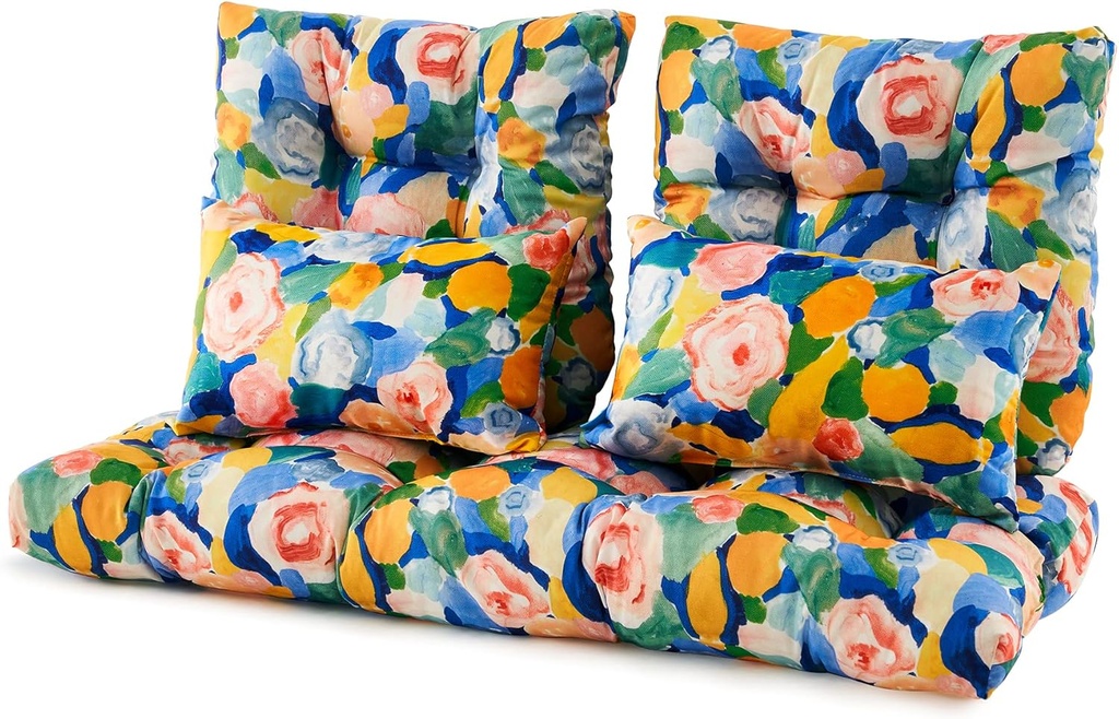 ARTPLAN Outdoor Loveseat Cushions,5 Piece Wicker Chair Cushions Set,Tufted Cushons for Wicker Bench Patio Furniture,Floral