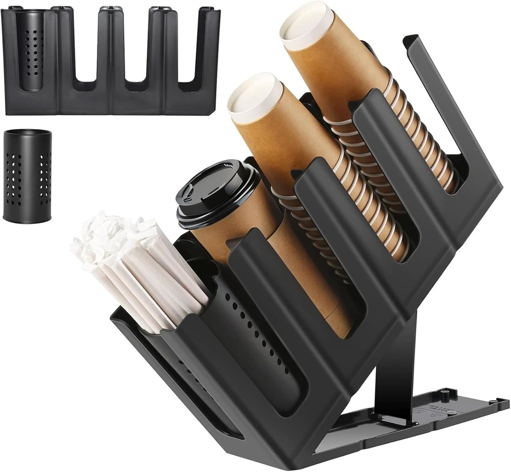 Adjustable Cup & Lid Dispenser with Straw Organizer, 4 Compartments, Disposable Coffee Cup Dispenser, Coffee Station Organizer for Countertop, Bar, Restaurant Breakroom