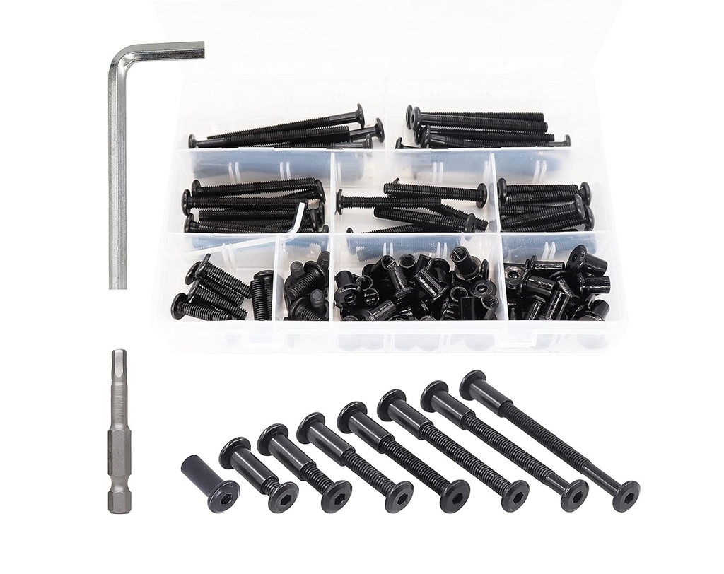 binifiMux 100pcs Black M6 Hex Drive Socket Cap Bolts Dowel Joint Nuts Assortment Kit, Allen Head Countsunk Furniture Crib Connecting Bolts Nuts Kit,M6x20mm/30mm/40mm/50mm/60mm/70mm/80mm