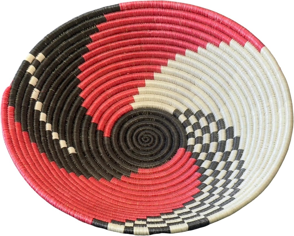Handwoven African Basket Handmade sisal Fruit Bowl Wall Hanging decorative Baskets for Home Living Room Kitchen Centerpiece Zen Designs Arts and Crafts (Swirl Black Red, 12in diameter)