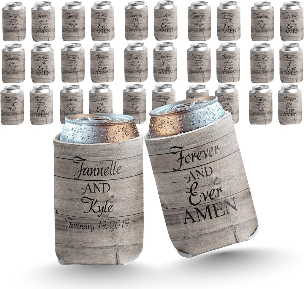 VictoryStore Rustic Wedding Can Coolers – Custom “Forever and Ever Amen” Design – Personalized Party Favors for 12-16oz Cans – Set of Customizable Drink Sleeves – Made in USA, Set of 25