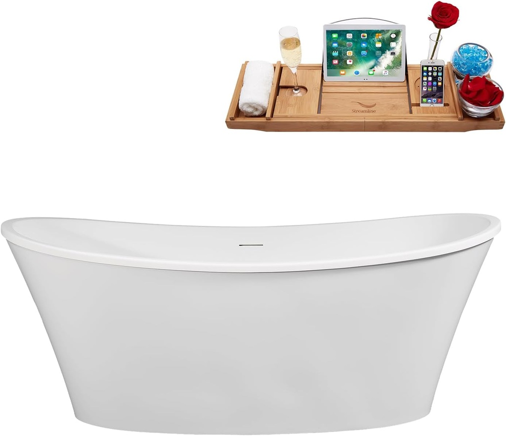 Streamline 63" Freestanding Soaking Bathtub – Glossy White Acrylic Tub with Polished Gold Internal Drain and Bamboo Tray – 59 Gallon Capacity