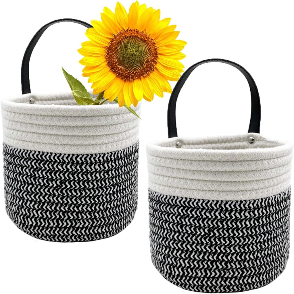 Cotton Rope Hanging Baskets for Organizing 2 Pcs Round Small Wall Basket with Handles Woven Organizer Storage Basket for Kitchen Bedroom Living Room Office(6”x6”, Black & White)