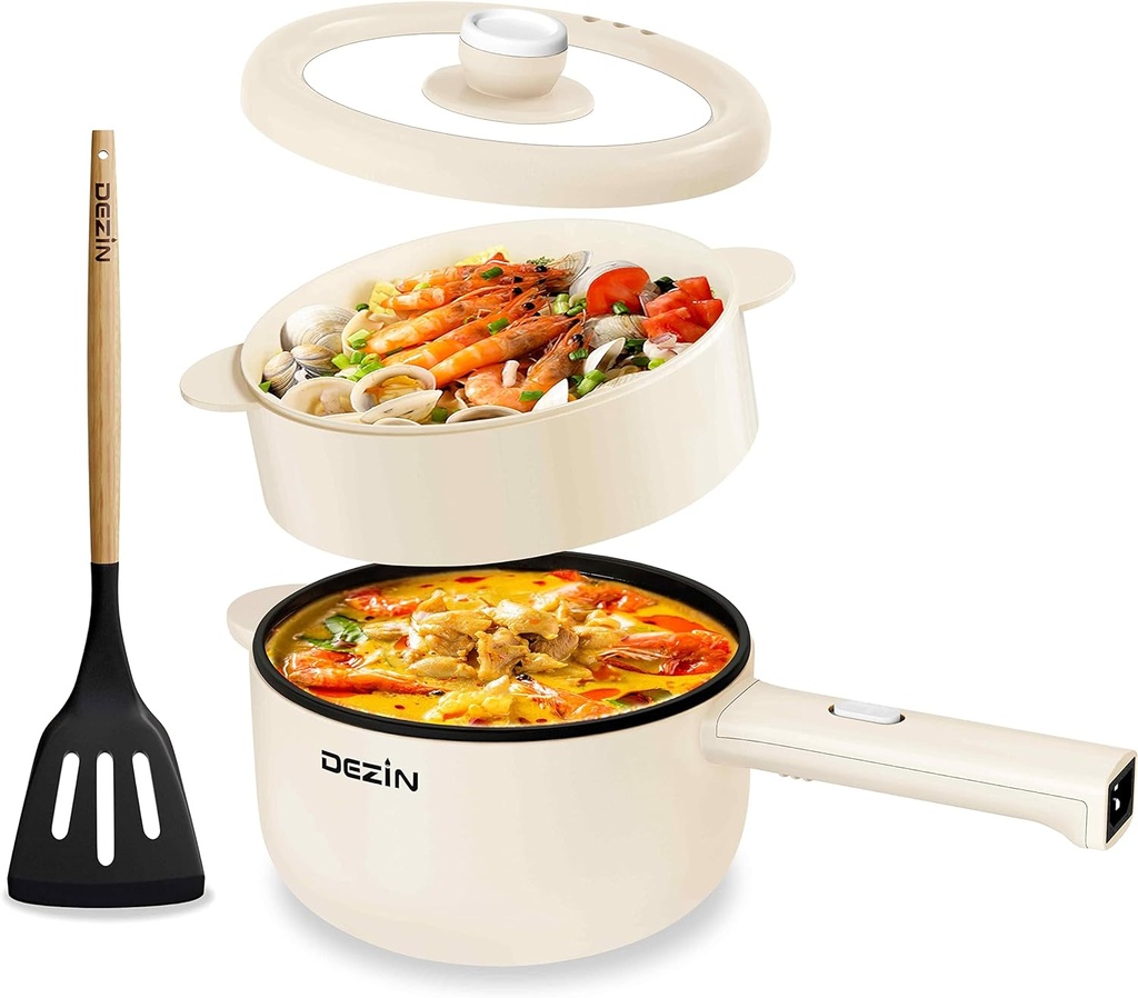 Dezin Electric Cooker, 2L Non-Stick Sauté Pan, Rapid Noodles Cooker, Mini Pot for Steak, Egg, Fried Rice, Ramen, Oatmeal, Soup with Power Adjustment, College Dorm Room Essential(Egg Rack Included)