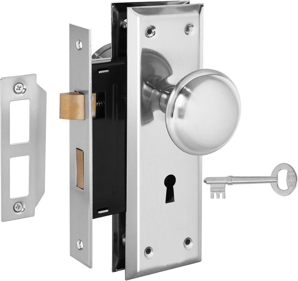 Mortise Lock Set for Interior Door,Replacing Antique Door Knobs with Lock and Key Door Knobs, Satin Nickel Finish