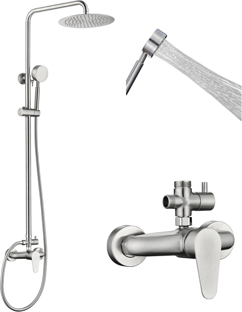 Shower Faucet -Shower System，Shower Faucets Sets Complete - Outdoor Shower Kit/Outdoor Shower Enclosure/Outdoor Shower Fixtures W/ SS304 Shower Head with Handheld High Pressure, Brushed Nickel