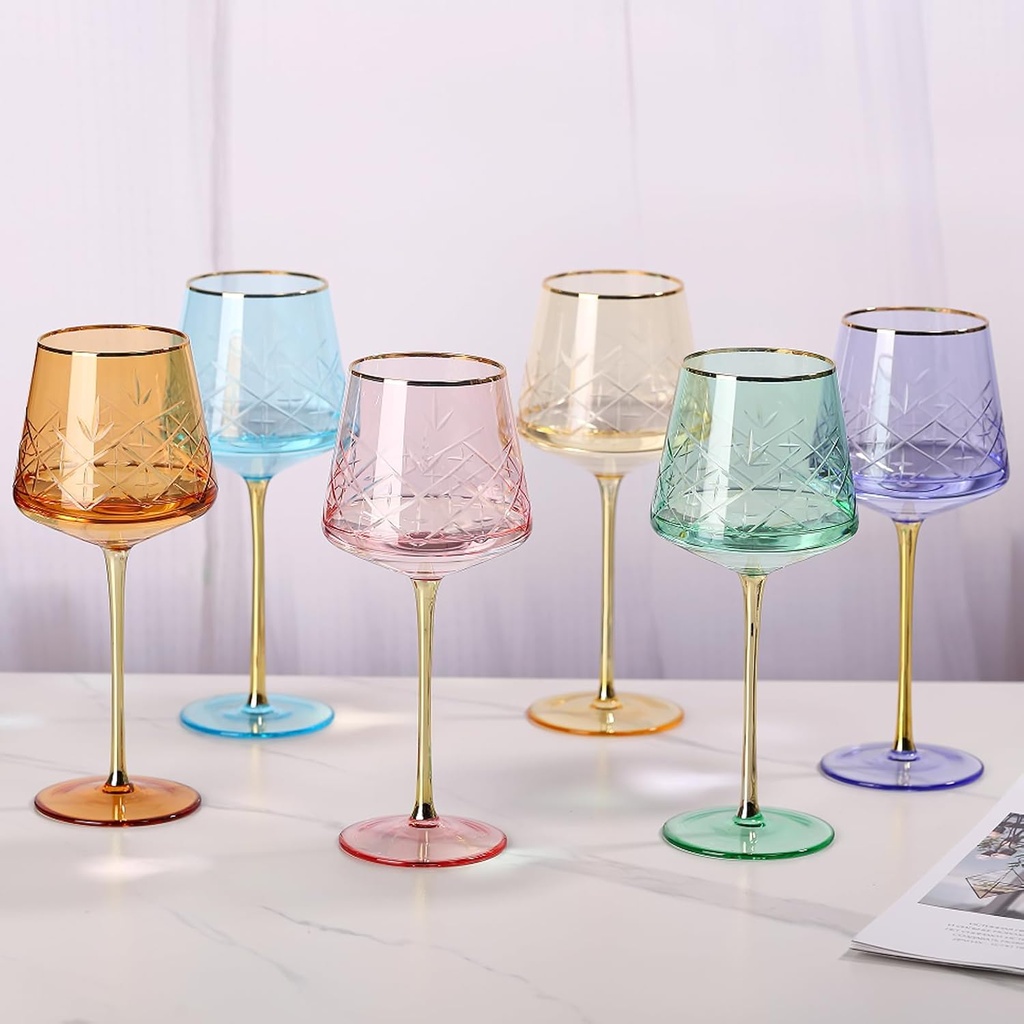 Colored Wine Glasses Set of 6 – Gold Rim & Stem, Hand-Blown Etched Glassware, 18oz Crystal Wine Goblets, Multicolor Wine Glasses for Red White Wine