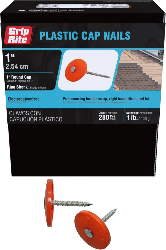 Grip-Rite 1PRCAP1, #12 x 1 Plastic Cap Roofing Nail, Electrogalvanized, Diamond Point Ring Shank, 1lb Box
