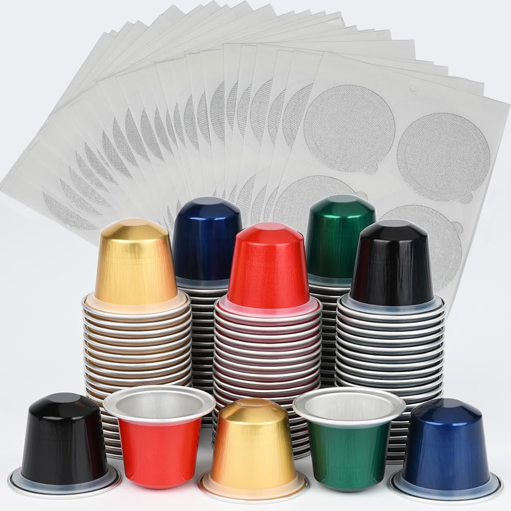 100pcs Disposable Fillable Empty Aluminum Foil Capsules Coffee Pods Compatible for Nespresso Original Line Machine,Make Your Own Espresso Coffee Cups Filters with Seals Sticker Lids(100 Pods+100 Lids)