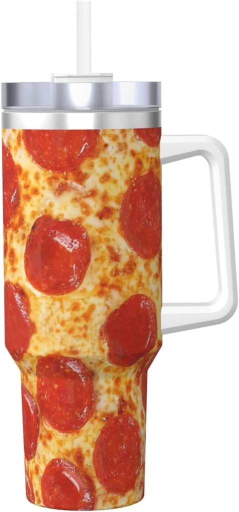 Pepperoni Pizza 40 Oz Tumbler With Handle And Straw Lid, Insulated Reusable Stainless Steel Travel Mug Iced Tea Or Coffee, Smoothie And More