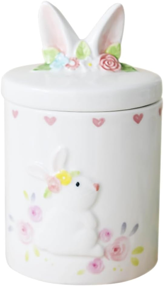 Alipis Ceramic Candy Jar Lid Cute Easter Rabbit Design Airtight Storage Canister for Cookies Mints and Treats for Holiday Decor and Gifting