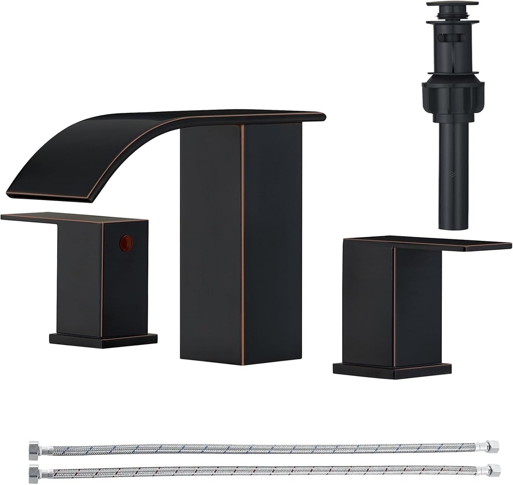 RUMOSE 8 inch Bathroom Faucets Set Oil Rubbed Bronze Bathroom Sink Faucet 3 Hole with Pop Up Drain Widespread 2 Handles Stainless Steel Lavatory Vanity Faucet Waterfall Deck Mounted