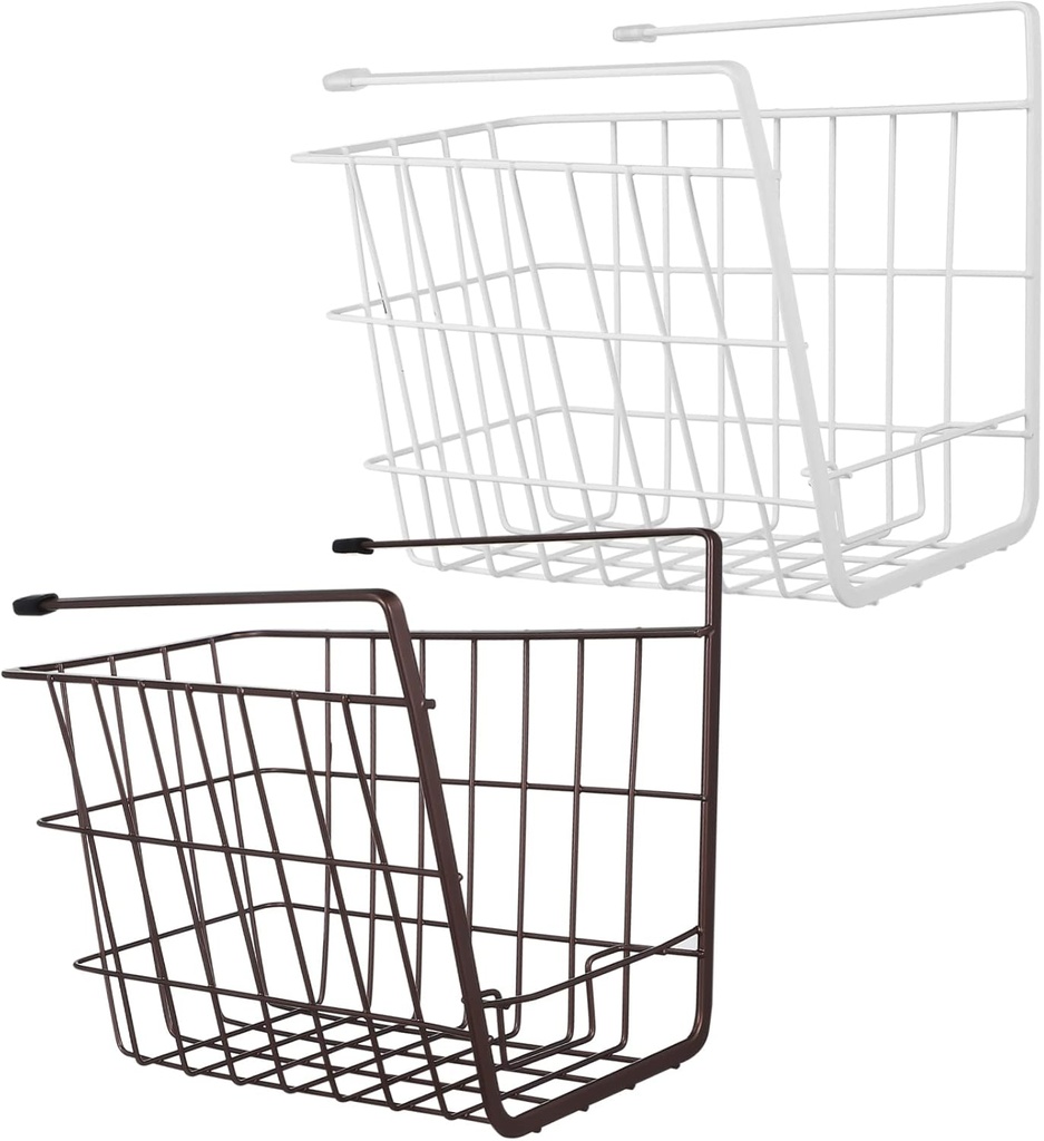 Healifty 2 Pcs Wire Hanging Under Shelf Baskets Double Hook Storage Organizers for Kitchen Bathroom Cabinet and Desk White Sturdy Mesh for Towels Books Plates and Pantry Use