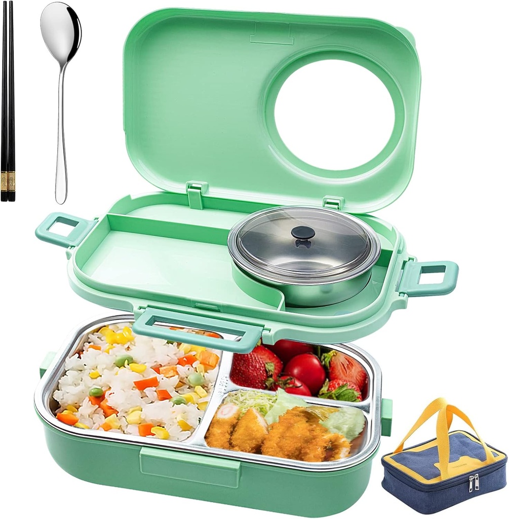 3 Compartments Bento Lunch box with Soup Bowl, Insulated Lunch Bag and Portable Utensils, Stainless Steel Camera Lunch Containers，Leak Proof Bento Box for Kids Adults Men Women…