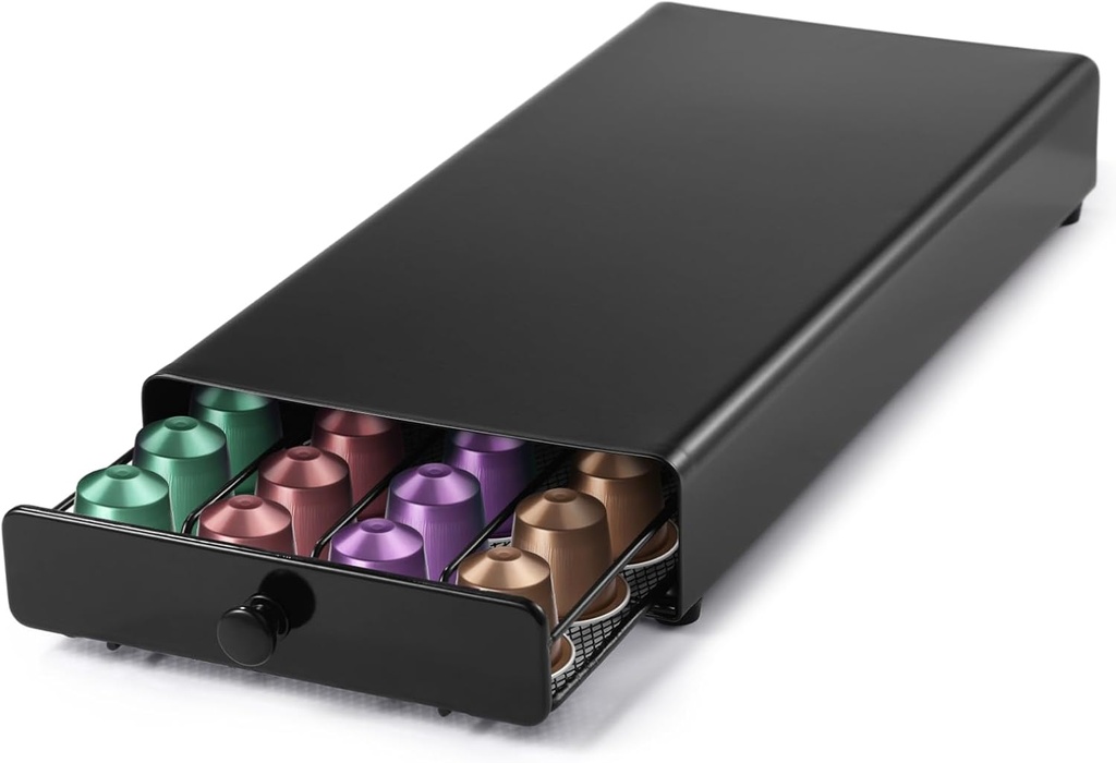 Coffee Pod Drawer Holder, Compatible with Nespresso Capsules, Metal Capsule Storage Box, Modern Capsule Organizer for Home Kitchen Counter, Holds 40 Capsules