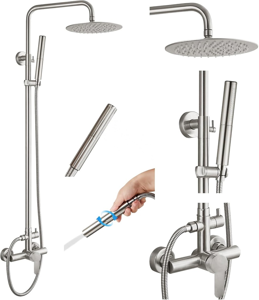 gotonovo Outdoor Shower Faucet Sets Brushed Nickel 304 Stainless Steel Shower Head with 2 in 1 Cylinder Handheld Spray 2 Function Exposed Shower Combo Set Wall Mount Single Handle