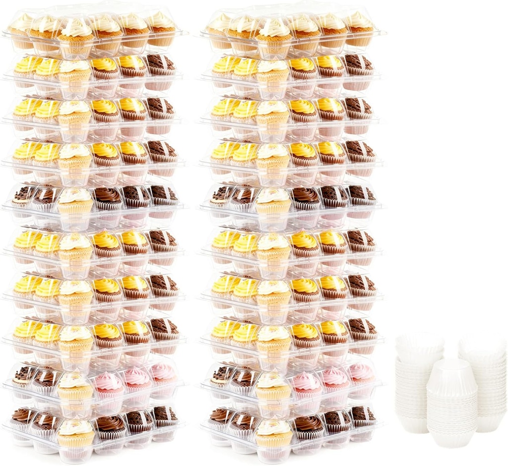 12 Count Cupcake Containers, 20 Pack Stackable Cupcake Carrier with 250 Pack Cupcake Liners, Plastic Cupcake Boxes Holders, Clear Cupcake Disposable Trays for Baking, Parties, Gifting