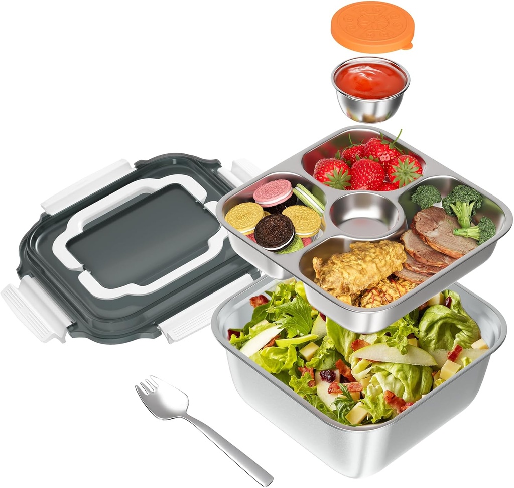 Salad Container for Lunch: 64oz Salad Bowl with Included Spork, 4-Section Bento Tray & Sauce Pot